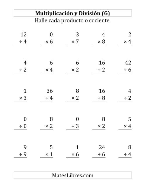La hoja de ejercicios de 25 Ejercicios de Multiplicación y División (de 0 a 9) (G)