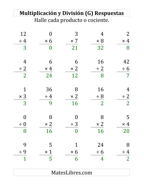 La hoja de ejercicios de 25 Ejercicios de Multiplicación y División (de 0 a 9) (G) Página 2