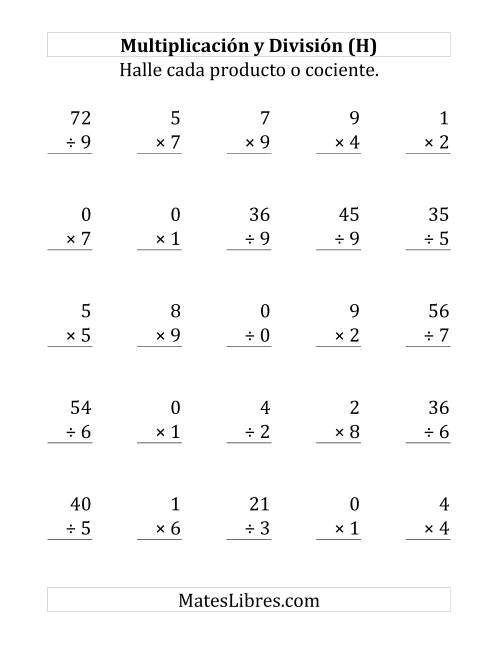 La hoja de ejercicios de 25 Ejercicios de Multiplicación y División (de 0 a 9) (H)