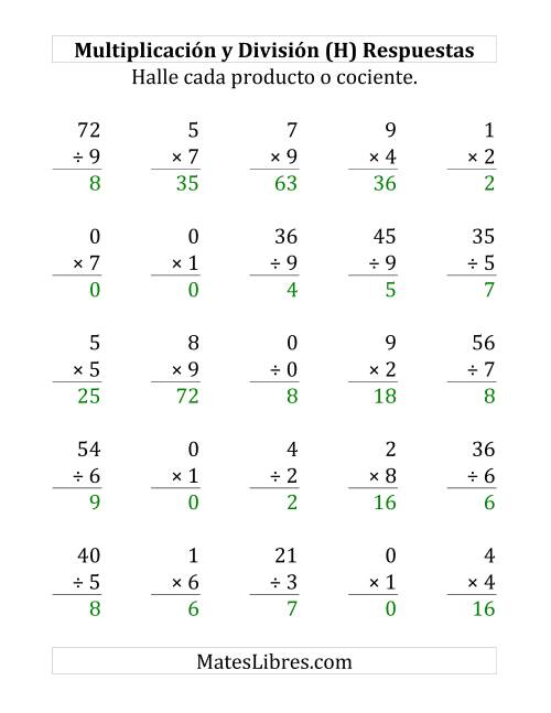 La hoja de ejercicios de 25 Ejercicios de Multiplicación y División (de 0 a 9) (H) Página 2