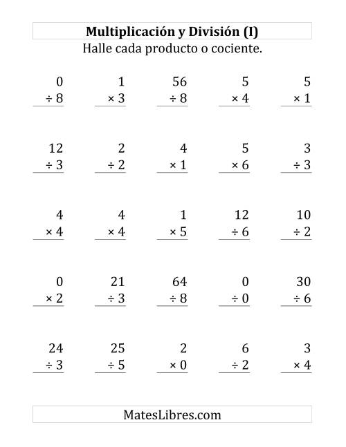 La hoja de ejercicios de 25 Ejercicios de Multiplicación y División (de 0 a 9) (I)