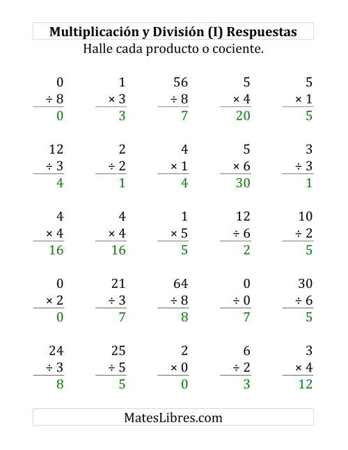 La hoja de ejercicios de 25 Ejercicios de Multiplicación y División (de 0 a 9) (I) Página 2