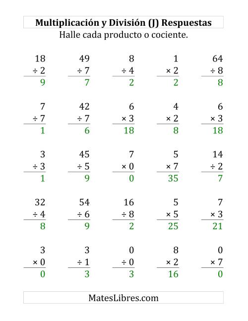 La hoja de ejercicios de 25 Ejercicios de Multiplicación y División (de 0 a 9) (J) Página 2
