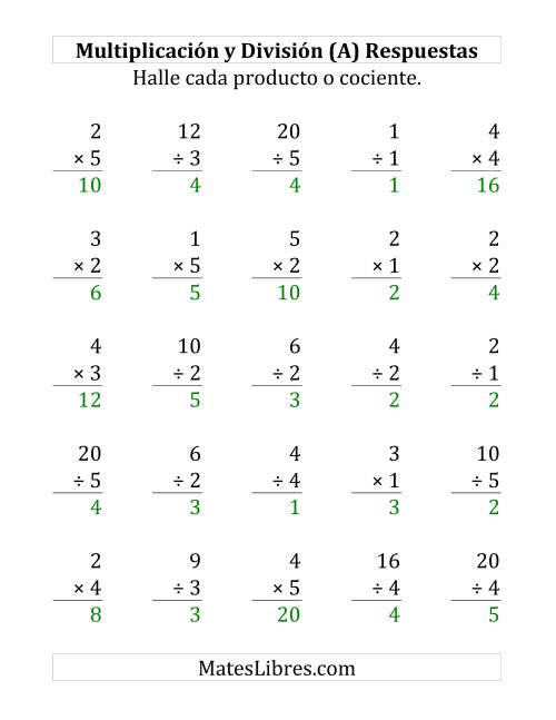 La hoja de ejercicios de 25 Ejercicios de Multiplicación y División (de 1 a 5) (A) Página 2
