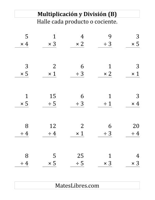 La hoja de ejercicios de 25 Ejercicios de Multiplicación y División (de 1 a 5) (B)