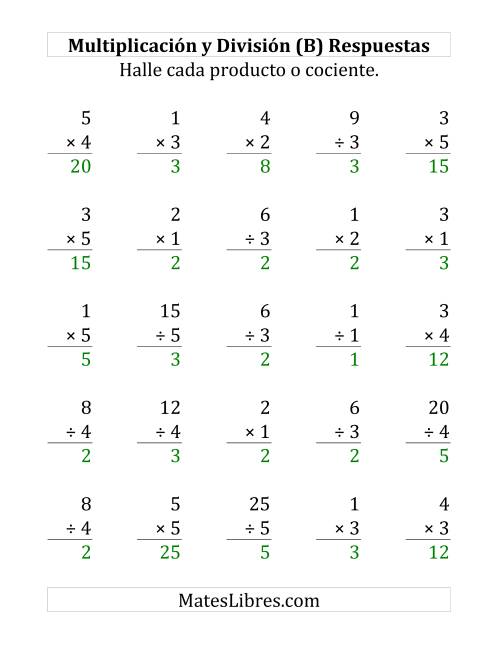 La hoja de ejercicios de 25 Ejercicios de Multiplicación y División (de 1 a 5) (B) Página 2