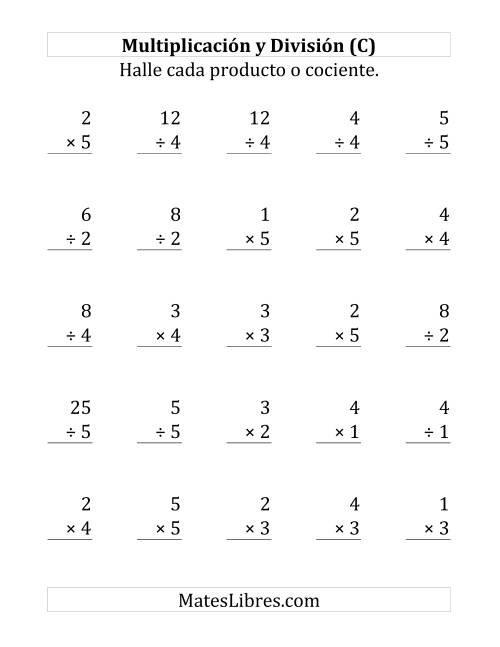 La hoja de ejercicios de 25 Ejercicios de Multiplicación y División (de 1 a 5) (C)