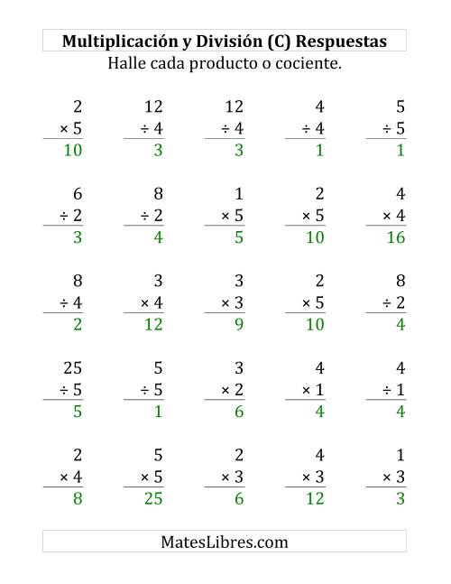 La hoja de ejercicios de 25 Ejercicios de Multiplicación y División (de 1 a 5) (C) Página 2