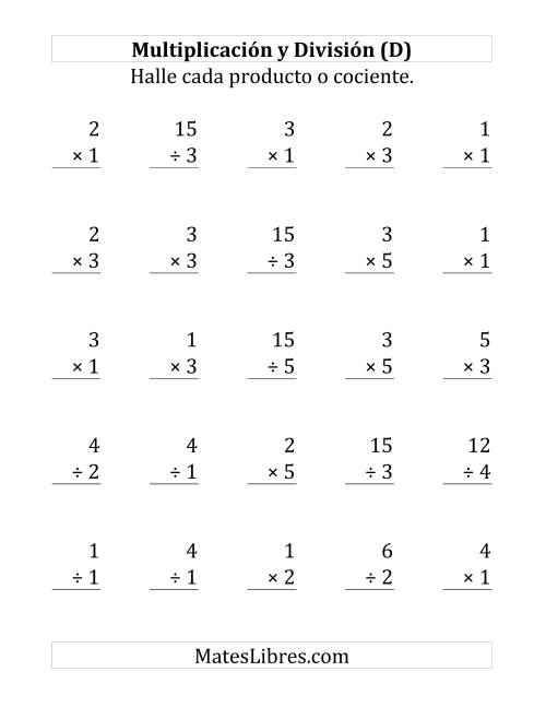 La hoja de ejercicios de 25 Ejercicios de Multiplicación y División (de 1 a 5) (D)
