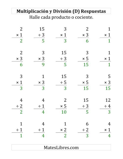 La hoja de ejercicios de 25 Ejercicios de Multiplicación y División (de 1 a 5) (D) Página 2