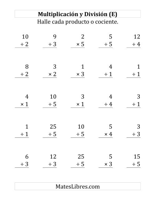La hoja de ejercicios de 25 Ejercicios de Multiplicación y División (de 1 a 5) (E)