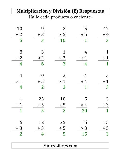 La hoja de ejercicios de 25 Ejercicios de Multiplicación y División (de 1 a 5) (E) Página 2