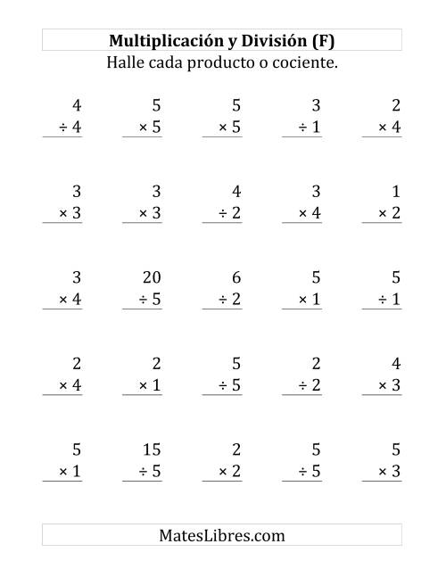 La hoja de ejercicios de 25 Ejercicios de Multiplicación y División (de 1 a 5) (F)