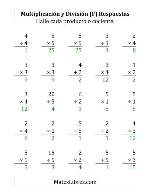 La hoja de ejercicios de 25 Ejercicios de Multiplicación y División (de 1 a 5) (F) Página 2