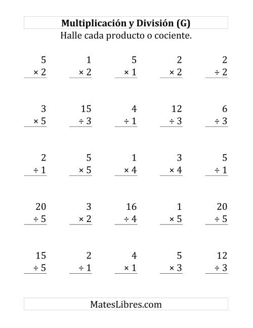 La hoja de ejercicios de 25 Ejercicios de Multiplicación y División (de 1 a 5) (G)