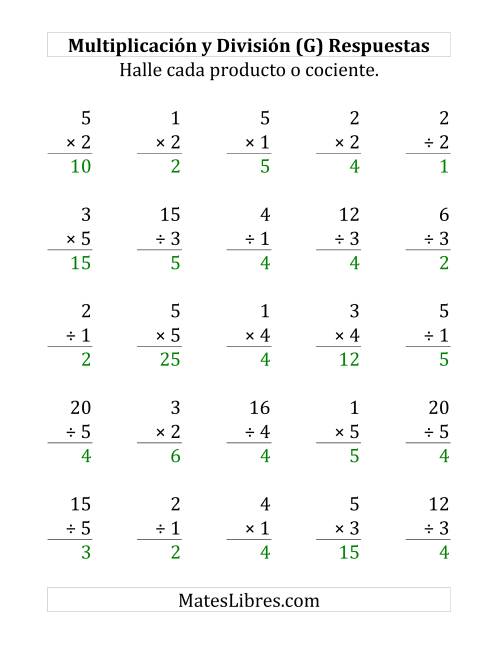 La hoja de ejercicios de 25 Ejercicios de Multiplicación y División (de 1 a 5) (G) Página 2