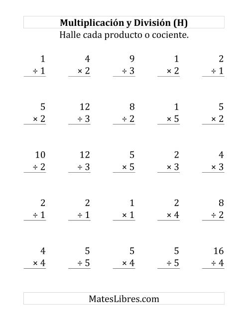 La hoja de ejercicios de 25 Ejercicios de Multiplicación y División (de 1 a 5) (H)