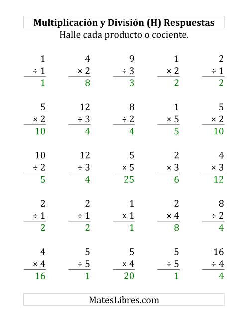 La hoja de ejercicios de 25 Ejercicios de Multiplicación y División (de 1 a 5) (H) Página 2