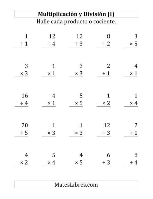 La hoja de ejercicios de 25 Ejercicios de Multiplicación y División (de 1 a 5) (I)
