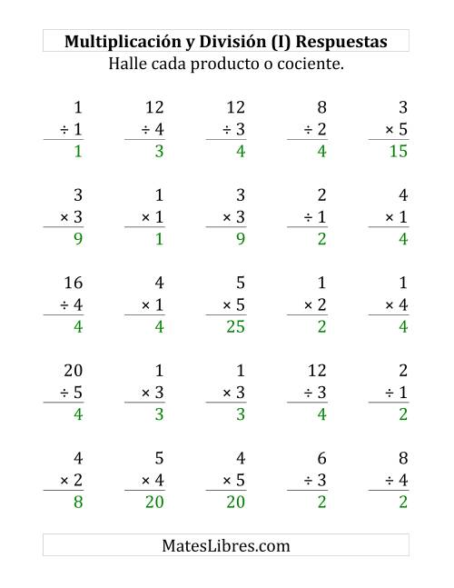 La hoja de ejercicios de 25 Ejercicios de Multiplicación y División (de 1 a 5) (I) Página 2