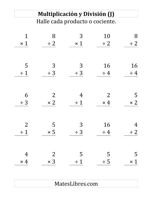 La hoja de ejercicios de 25 Ejercicios de Multiplicación y División (de 1 a 5) (J)