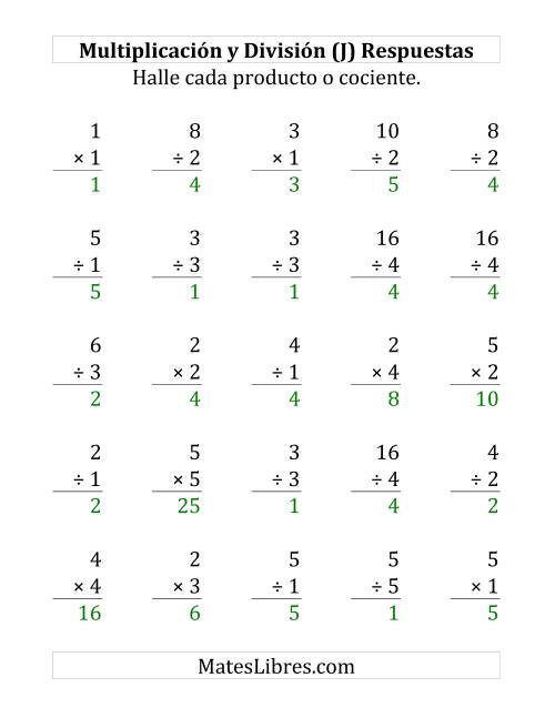 La hoja de ejercicios de 25 Ejercicios de Multiplicación y División (de 1 a 5) (J) Página 2