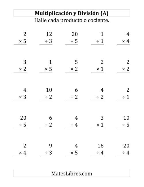 La hoja de ejercicios de 25 Ejercicios de Multiplicación y División (de 1 a 5) (Todas)