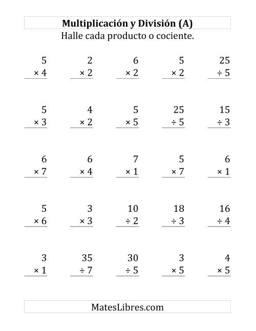 La hoja de ejercicios de 25 Ejercicios de Multiplicación y División (de 1 a 7) (A)