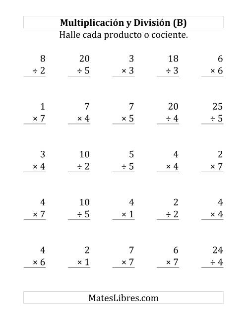 La hoja de ejercicios de 25 Ejercicios de Multiplicación y División (de 1 a 7) (B)