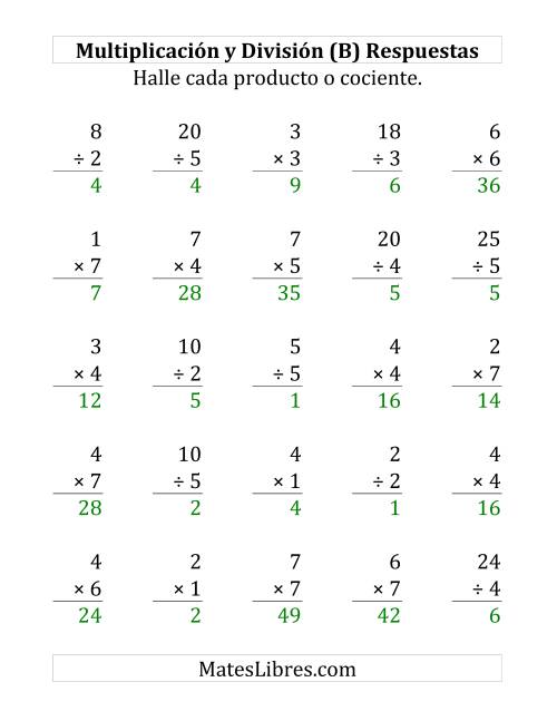 La hoja de ejercicios de 25 Ejercicios de Multiplicación y División (de 1 a 7) (B) Página 2