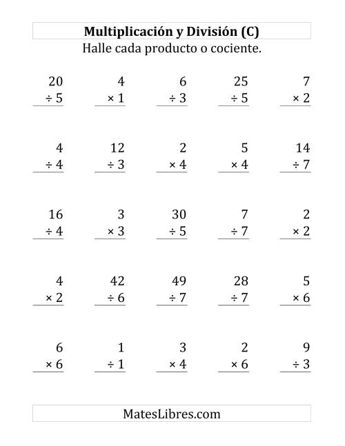 La hoja de ejercicios de 25 Ejercicios de Multiplicación y División (de 1 a 7) (C)
