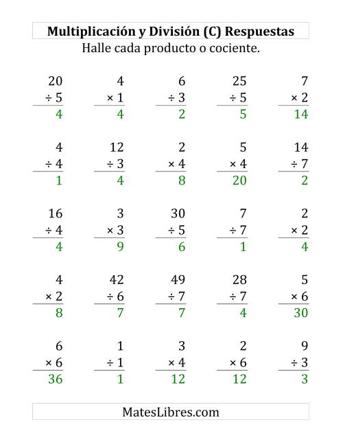 La hoja de ejercicios de 25 Ejercicios de Multiplicación y División (de 1 a 7) (C) Página 2