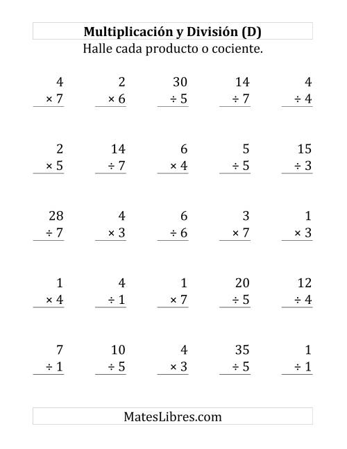 La hoja de ejercicios de 25 Ejercicios de Multiplicación y División (de 1 a 7) (D)
