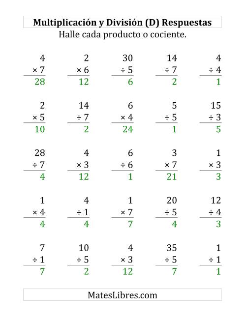 La hoja de ejercicios de 25 Ejercicios de Multiplicación y División (de 1 a 7) (D) Página 2