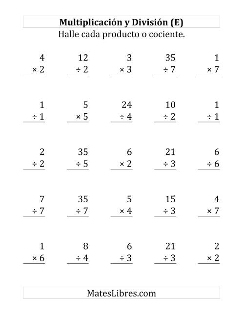 La hoja de ejercicios de 25 Ejercicios de Multiplicación y División (de 1 a 7) (E)