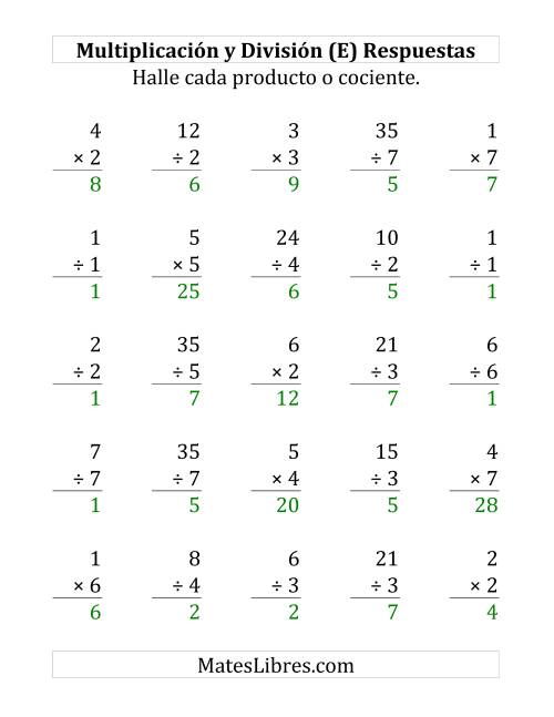 La hoja de ejercicios de 25 Ejercicios de Multiplicación y División (de 1 a 7) (E) Página 2