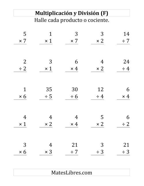 La hoja de ejercicios de 25 Ejercicios de Multiplicación y División (de 1 a 7) (F)