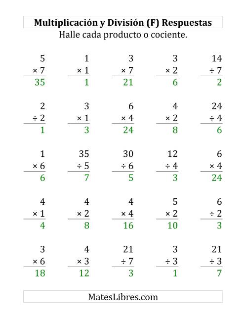 La hoja de ejercicios de 25 Ejercicios de Multiplicación y División (de 1 a 7) (F) Página 2
