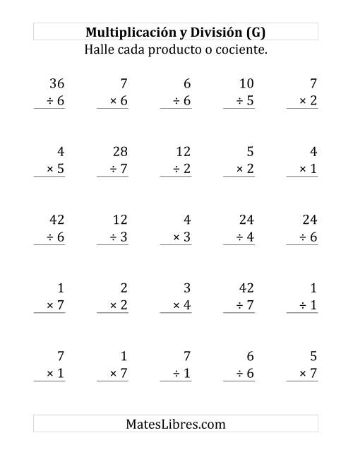 La hoja de ejercicios de 25 Ejercicios de Multiplicación y División (de 1 a 7) (G)