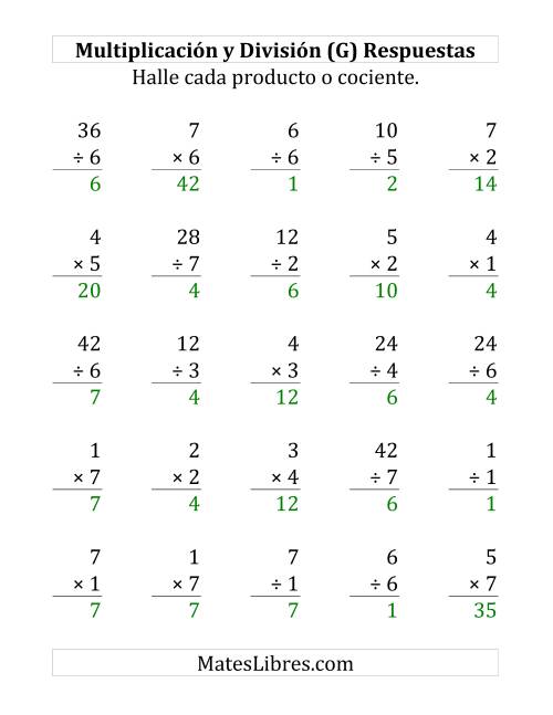 La hoja de ejercicios de 25 Ejercicios de Multiplicación y División (de 1 a 7) (G) Página 2
