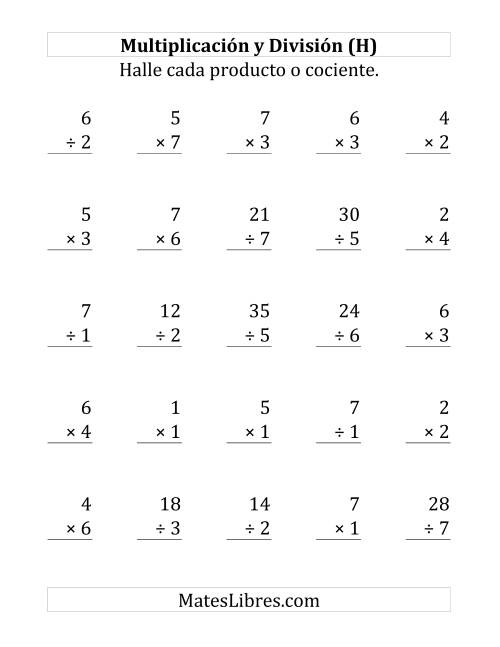 La hoja de ejercicios de 25 Ejercicios de Multiplicación y División (de 1 a 7) (H)