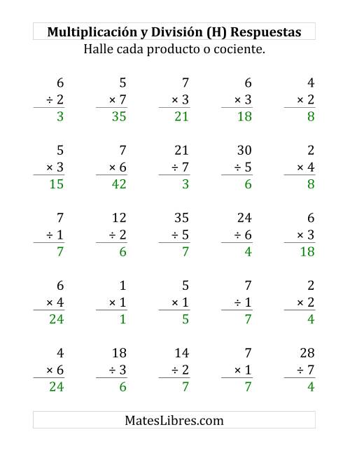 La hoja de ejercicios de 25 Ejercicios de Multiplicación y División (de 1 a 7) (H) Página 2