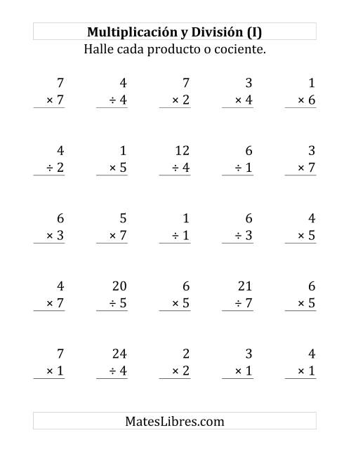 La hoja de ejercicios de 25 Ejercicios de Multiplicación y División (de 1 a 7) (I)