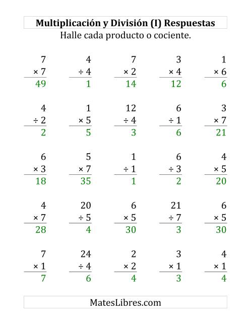 La hoja de ejercicios de 25 Ejercicios de Multiplicación y División (de 1 a 7) (I) Página 2