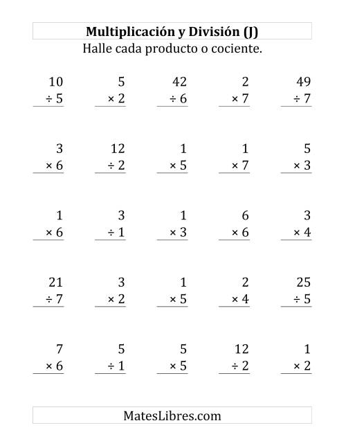 La hoja de ejercicios de 25 Ejercicios de Multiplicación y División (de 1 a 7) (J)