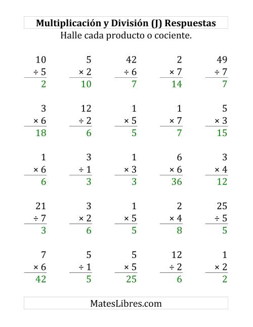 La hoja de ejercicios de 25 Ejercicios de Multiplicación y División (de 1 a 7) (J) Página 2
