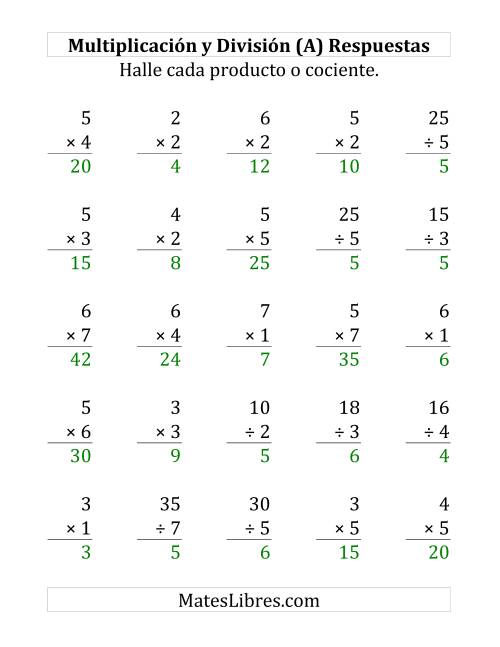 La hoja de ejercicios de 25 Ejercicios de Multiplicación y División (de 1 a 7) (Todas) Página 2