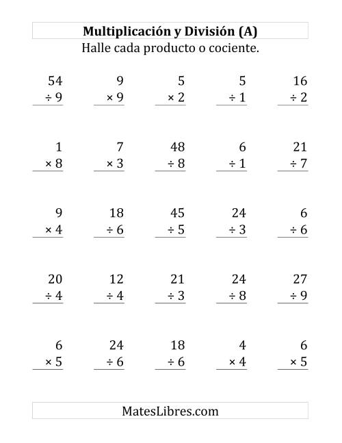 La hoja de ejercicios de 25 Ejercicios de Multiplicación y División (de 1 a 9) (A)