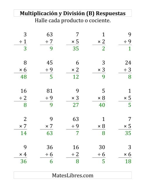La hoja de ejercicios de 25 Ejercicios de Multiplicación y División (de 1 a 9) (B) Página 2