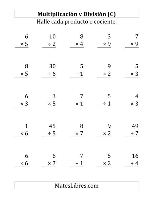 La hoja de ejercicios de 25 Ejercicios de Multiplicación y División (de 1 a 9) (C)